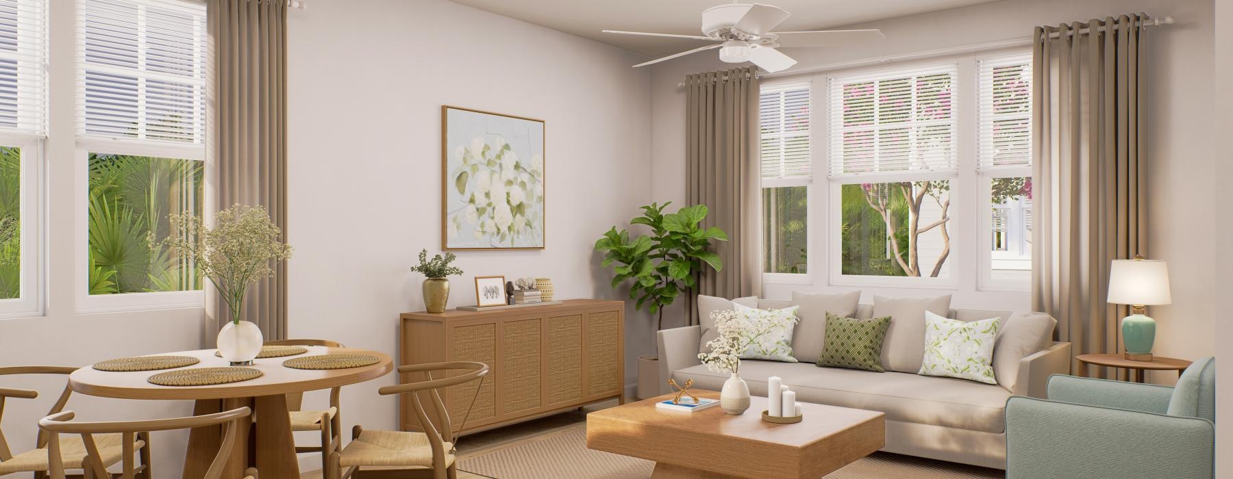 a living room with a couch and a table