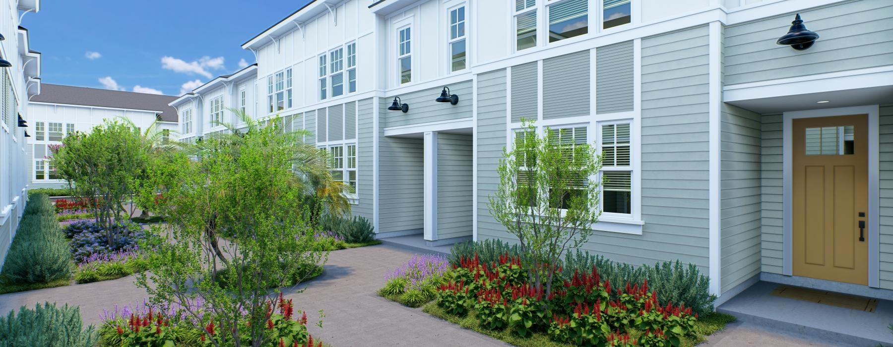 a white building with a walkway