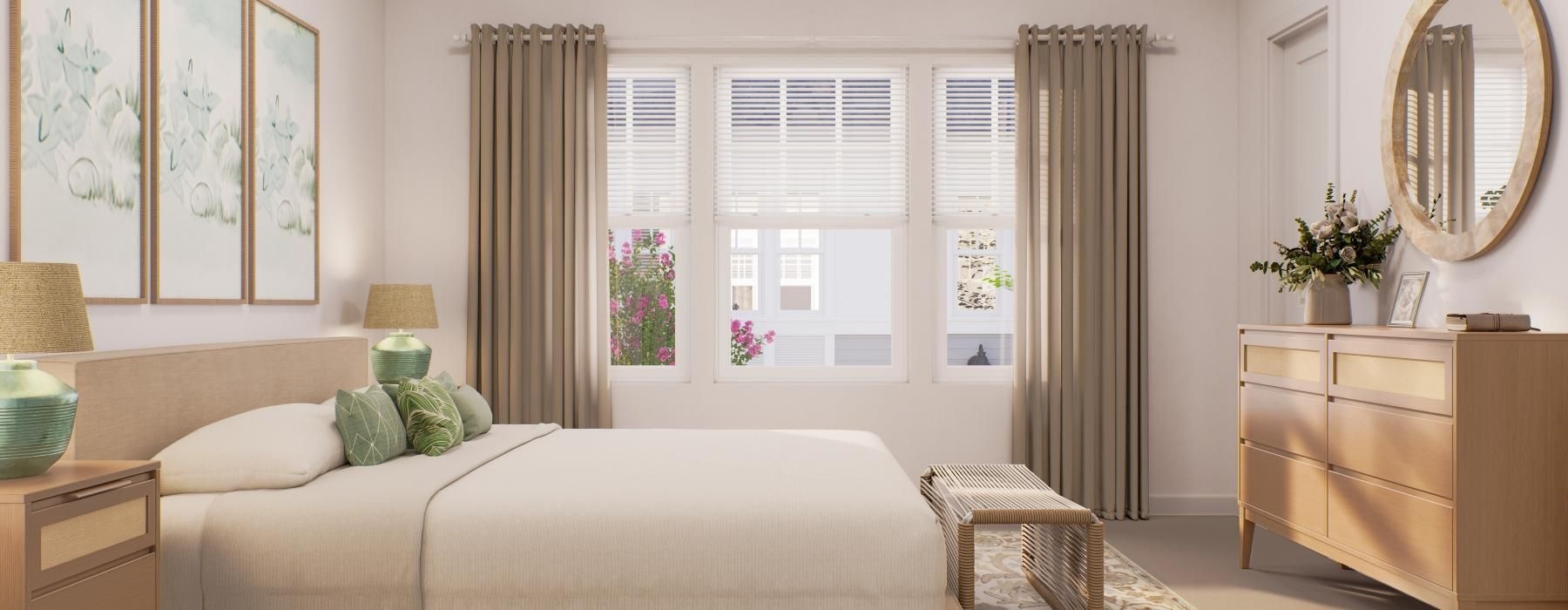 a room with a bed and a mirror