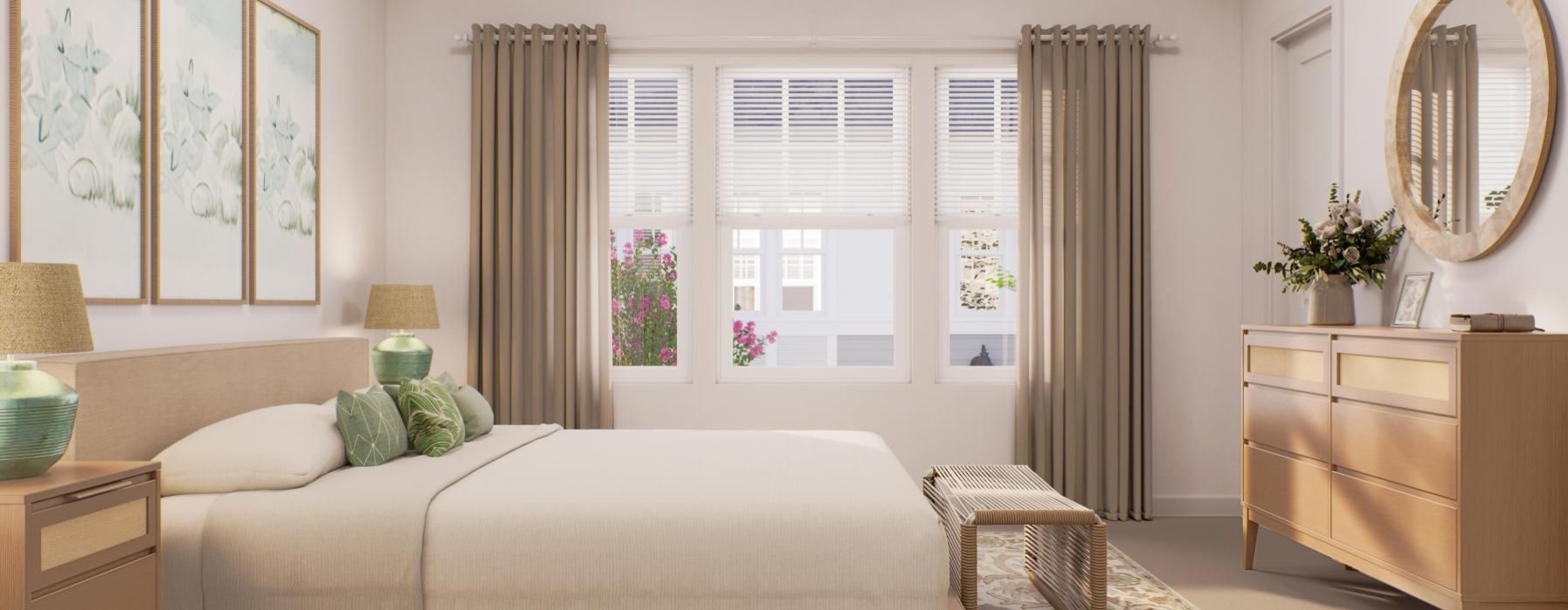 a room with a bed and a mirror